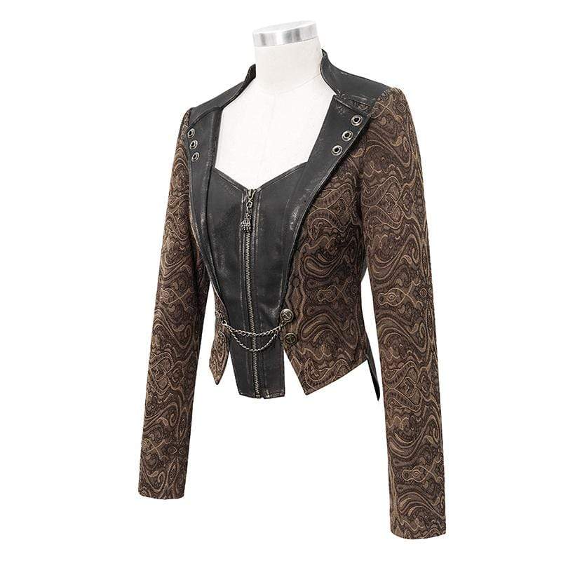 Women's Gothic Zip Faux Leather Splicing Jacquard Jackets Coffee