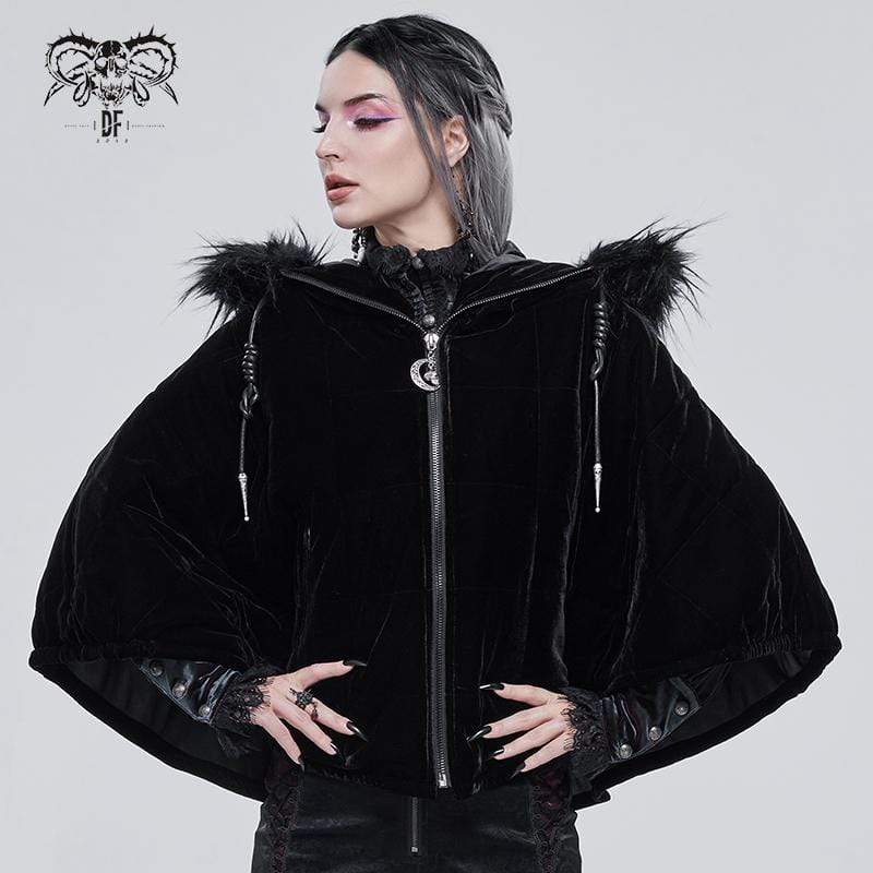 DEVIL FASHION Women's Gothic Zipper Velvet Cloak with Witch Hood