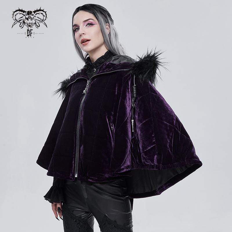 DEVIL FASHION Women's Gothic Zipper Velvet Cloak with Witch Hood