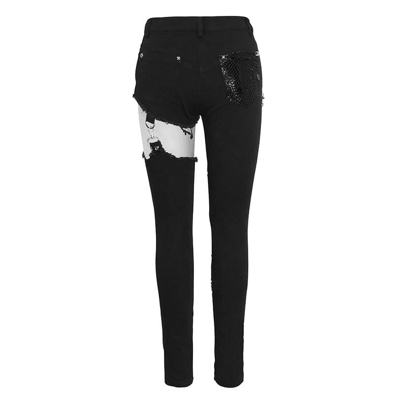 Women's Grunge Cutout Ripped Pants With Rivets And Chains