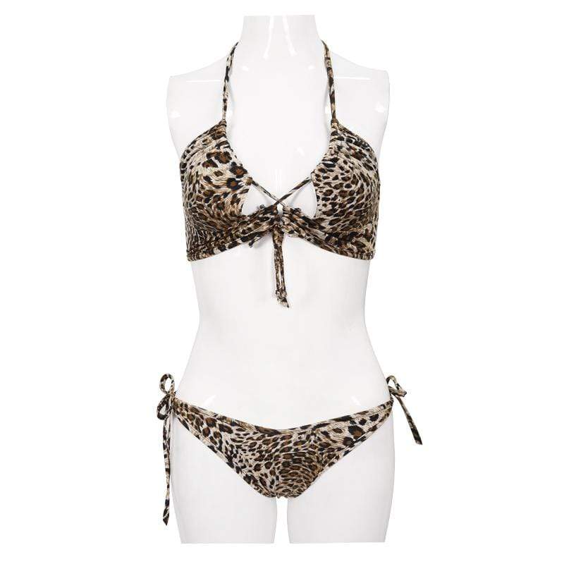 Women's Grunge Leopard Printed Halterneck Side Tie Bikini