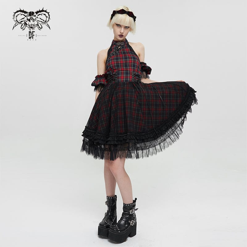 Women's Grunge Off Shoulder Cheongsam Collar Plaid Dress Punk Design Women's Grunge Off Shoulder Cheongsam Collar Plaid Dress Punk Design