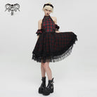 DEVIL FASHION Women's Grunge Off Shoulder Cheongsam Collar Plaid Dress