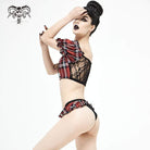 Women's Grunge Red Scottish Check Lace Longline Swim Top