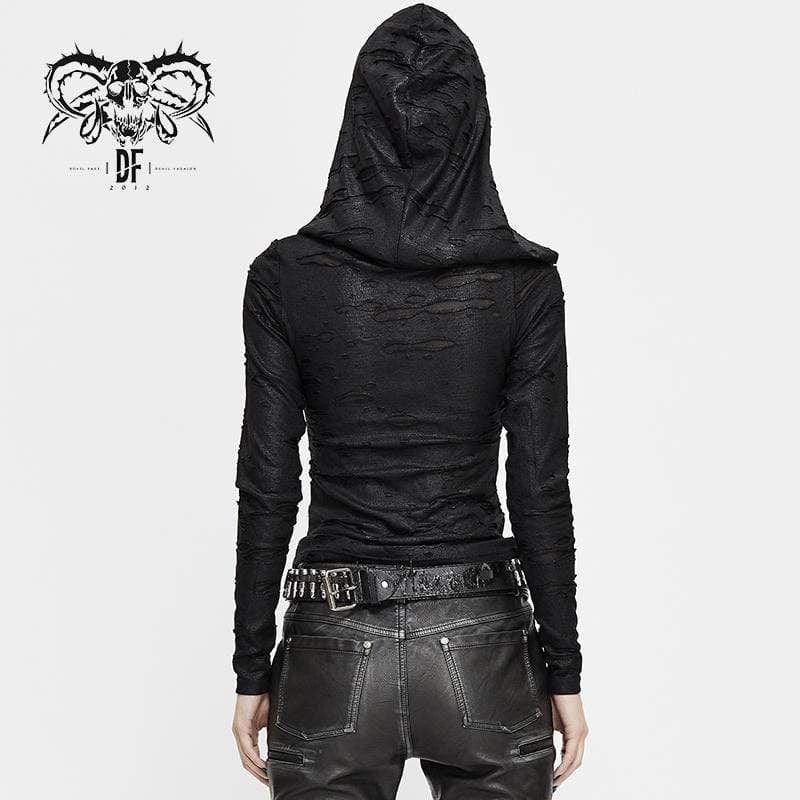 DEVIL FASHION Women's Grunge Ripped Long Sleeve Tops With Hood
