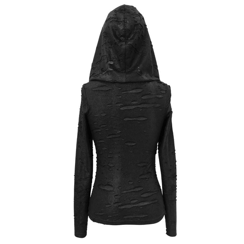 DEVIL FASHION Women's Grunge Ripped Long Sleeve Tops With Hood