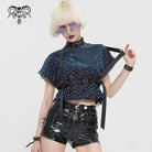 DEVIL FASHION Women's Grunge Scaly Printed Splice Mesh Crop Top with Buckle Strap