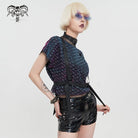 DEVIL FASHION Women's Grunge Scaly Printed Splice Mesh Crop Top with Buckle Strap