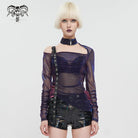 DEVIL FASHION Women's Grunge Slash Shoulder Chromatic Sheer Shirt