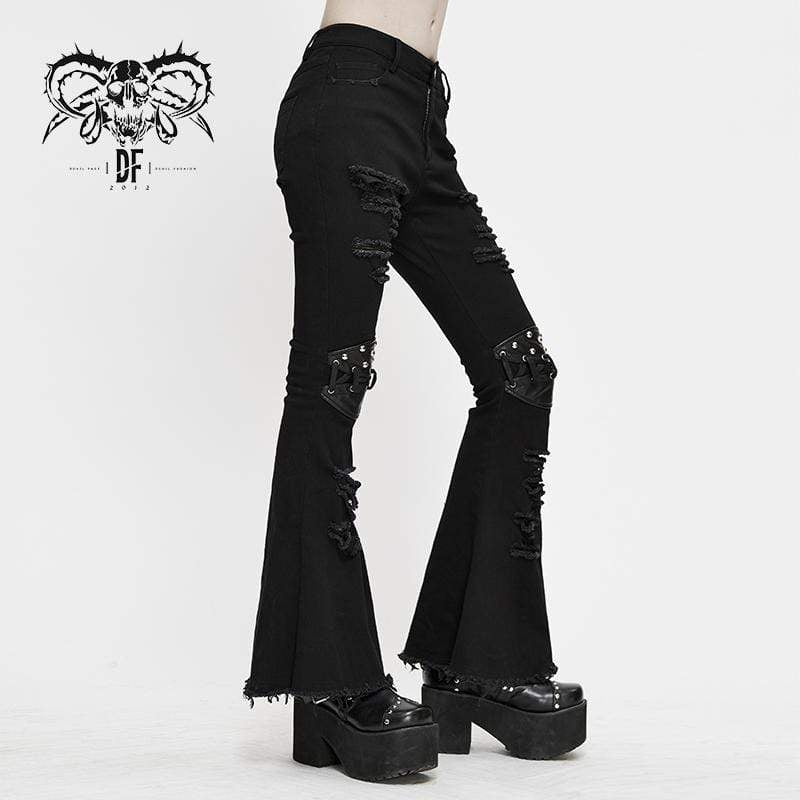 Women's Grunge Strappy Ripped Flare Pants With Rivets – Punk Design