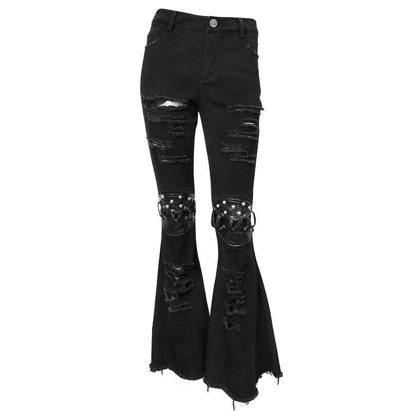Women's Grunge Strappy Ripped Flare Pants With Rivets