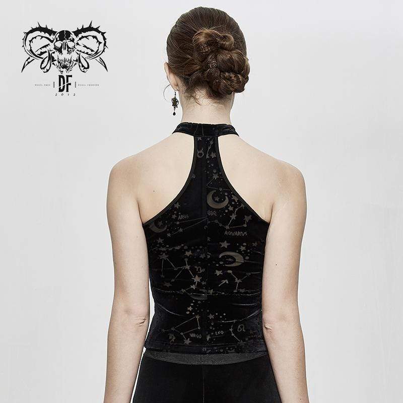 DEVIL FASHION Women's Lace-up Sheer Constellation Moon Tank Tops