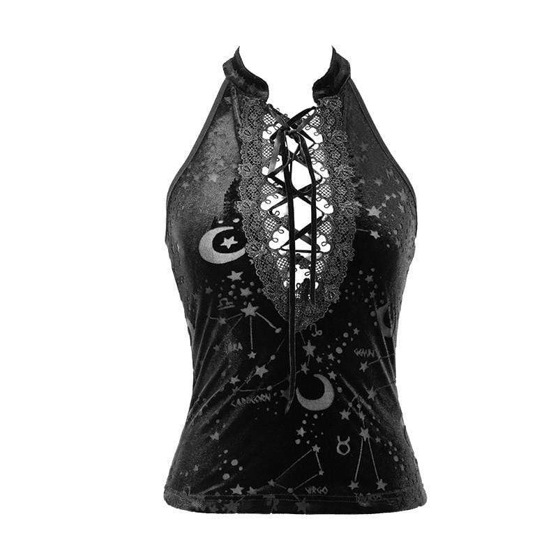 DEVIL FASHION Women's Lace-up Sheer Constellation Moon Tank Tops