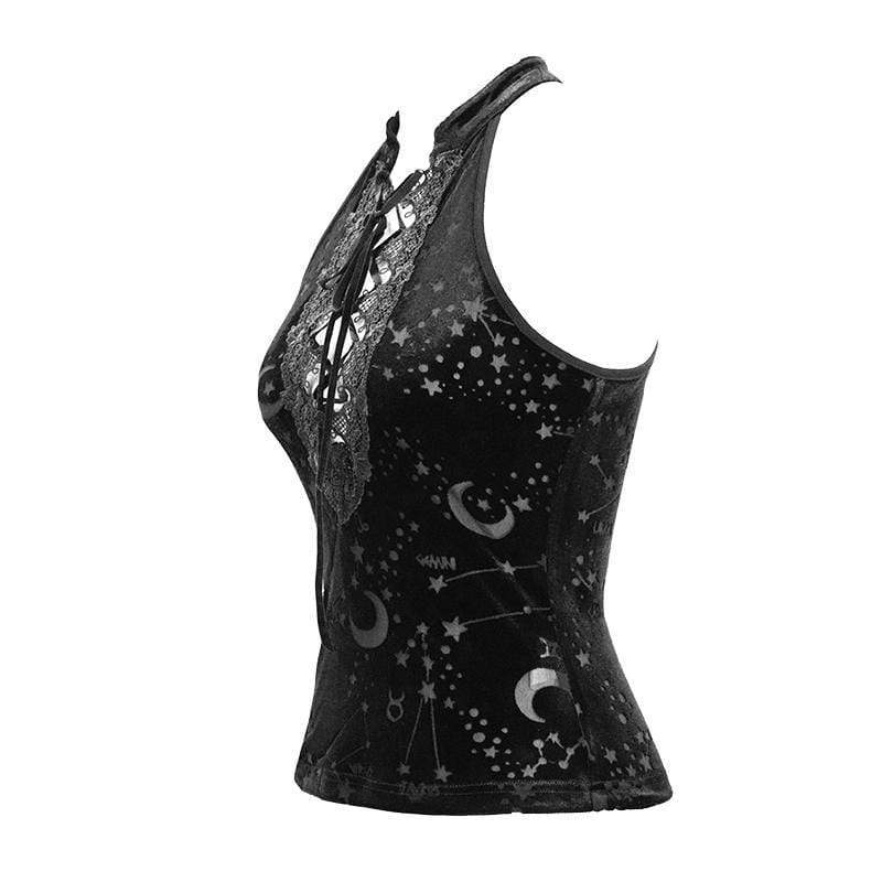 DEVIL FASHION Women's Lace-up Sheer Constellation Moon Tank Tops