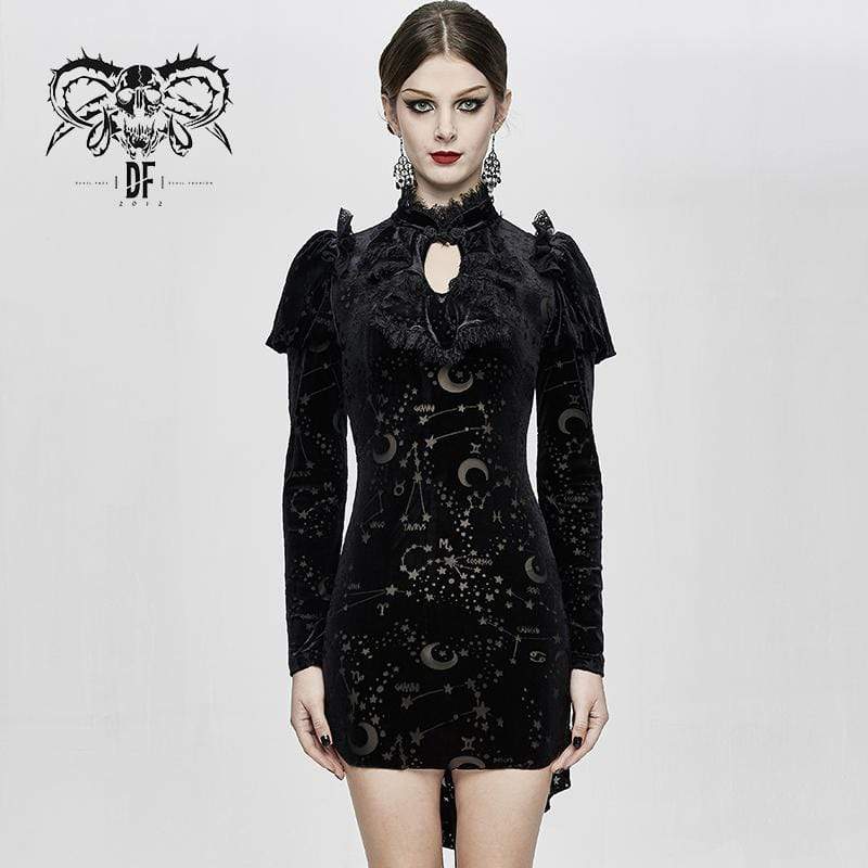 DEVIL FASHION Women's Long Sleeved Before Long After Short Lace-edge Constellation Dresses