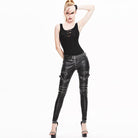 DEVIL FASHION Women's Low Rise Skinny Leather Punk Trousers