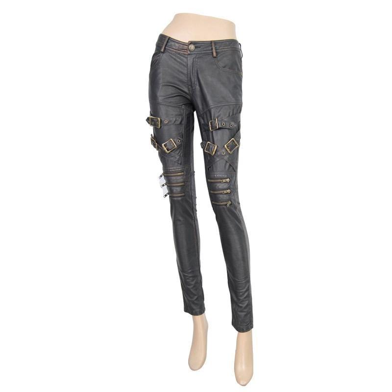 DEVIL FASHION Women's Low Rise Skinny Leather Punk Trousers