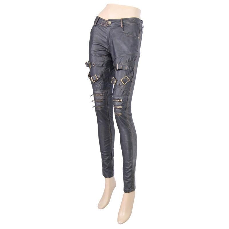 DEVIL FASHION Women's Low Rise Skinny Leather Punk Trousers