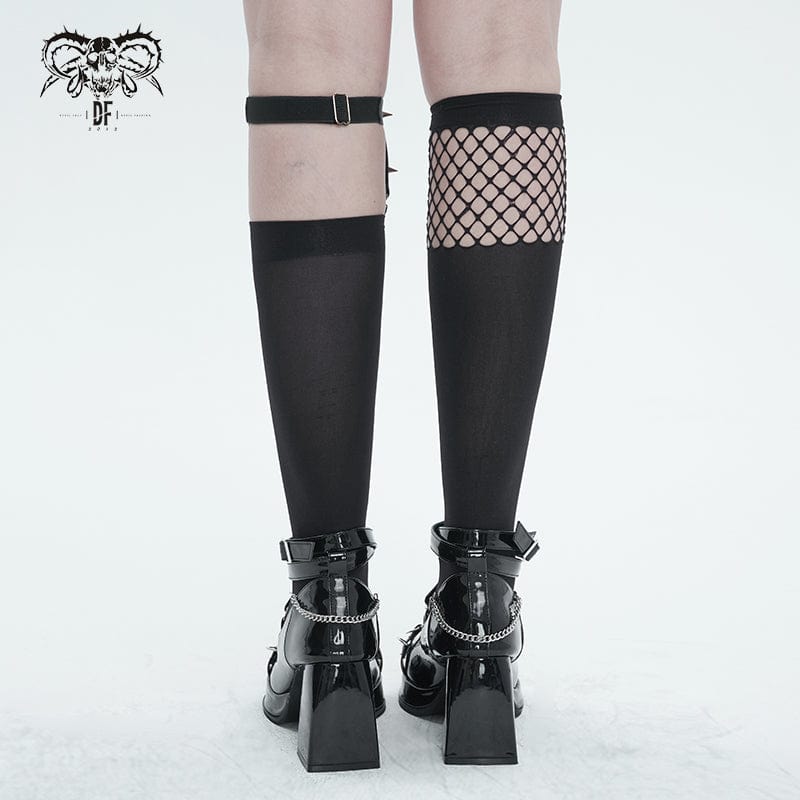 DEVIL FASHION Women's Punk Asymmetrical Mesh Splice Socks with Garter