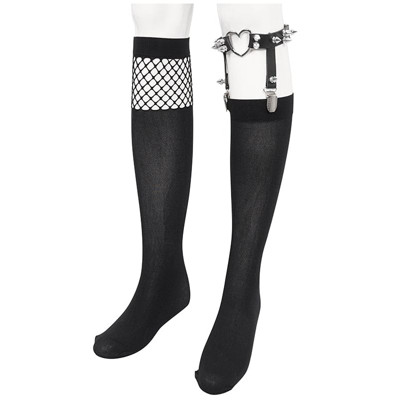 DEVIL FASHION Women's Punk Asymmetrical Mesh Splice Socks with Garter