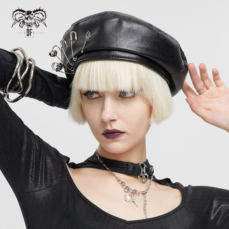 DEVIL FASHION Women's Punk Clips Faux Leather Hat