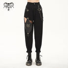DEVIL FASHION Women's Punk Cutout Faux Leather Splice Jogger Pants with Chain