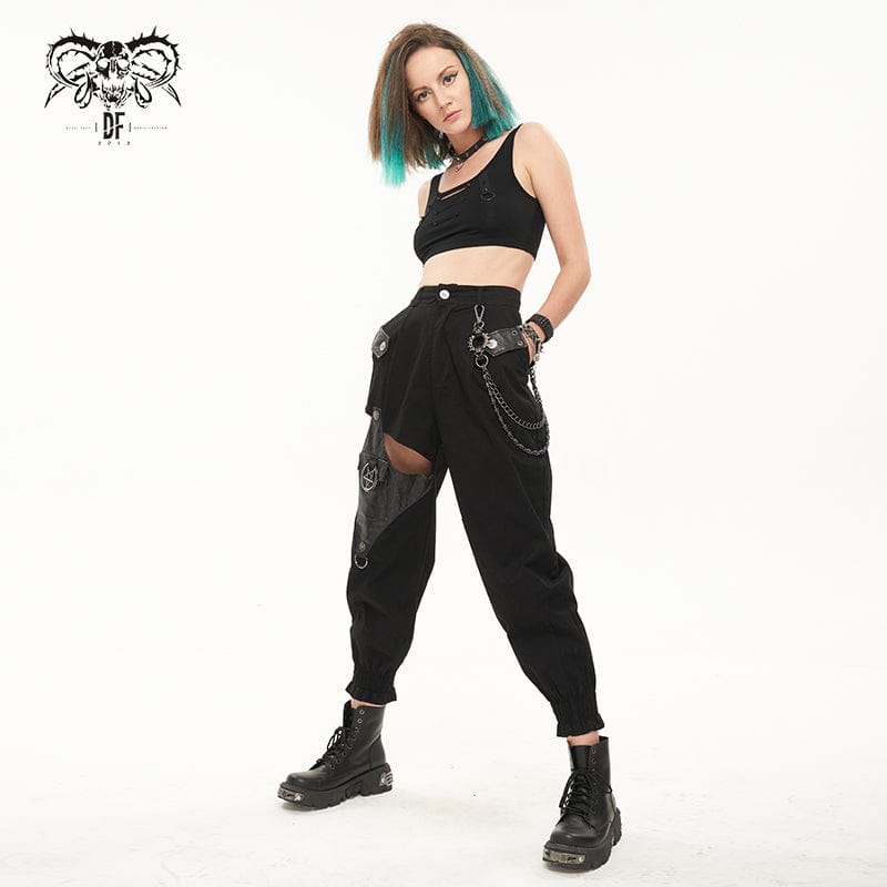 DEVIL FASHION Women's Punk Cutout Faux Leather Splice Jogger Pants with Chain