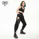 DEVIL FASHION Women's Punk Cutout Faux Leather Splice Jogger Pants with Chain
