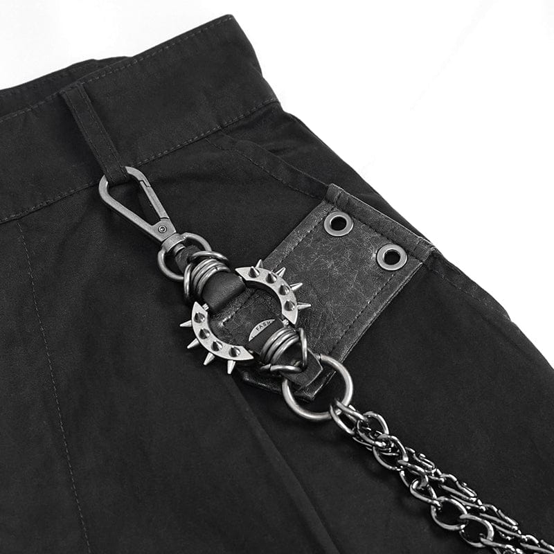 DEVIL FASHION Women's Punk Cutout Faux Leather Splice Jogger Pants with Chain