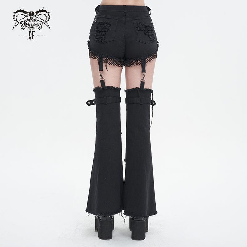 DEVIL FASHION Women's Punk Detachable Mesh Splice Ripped Pants