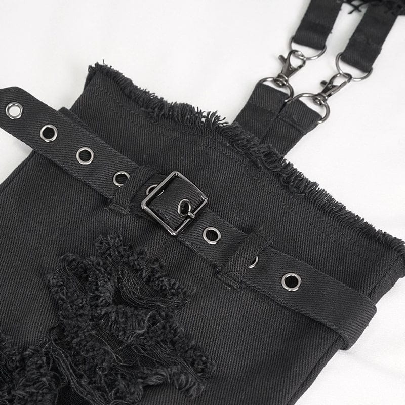 DEVIL FASHION Women's Punk Detachable Mesh Splice Ripped Pants