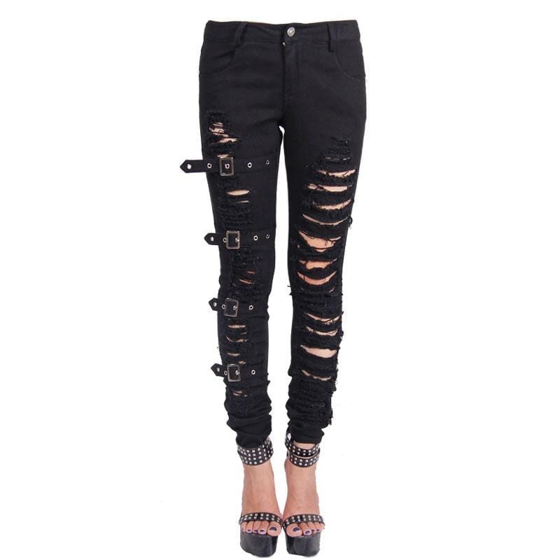 DEVIL FASHION Women's Punk Distressed Trousers With Straps