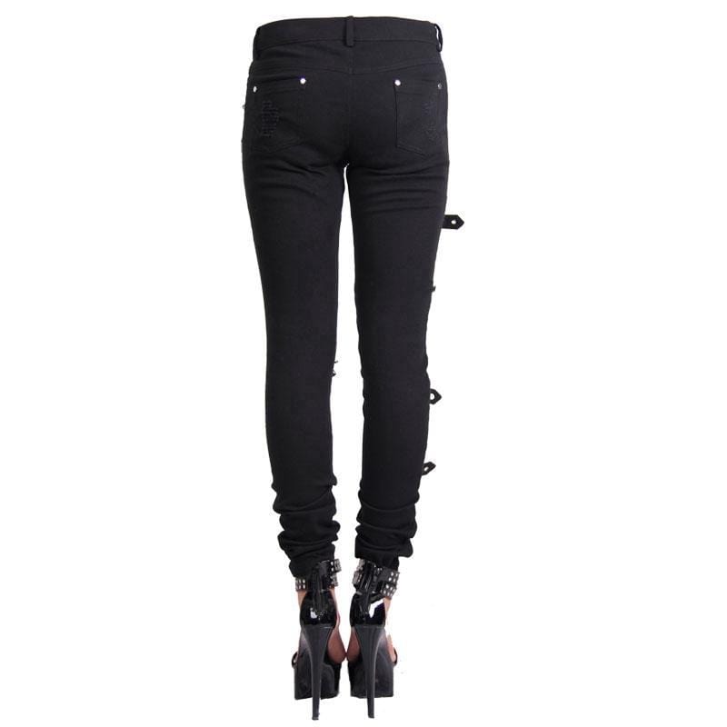 DEVIL FASHION Women's Punk Distressed Trousers With Straps