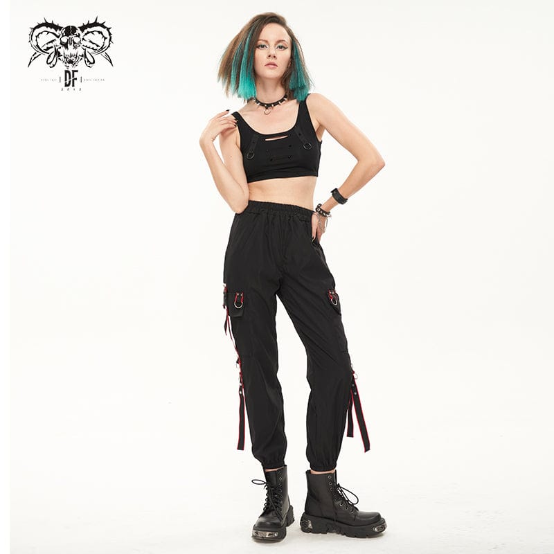 DEVIL FASHION Women's Punk Double Color Big-pocket Jogger Pants