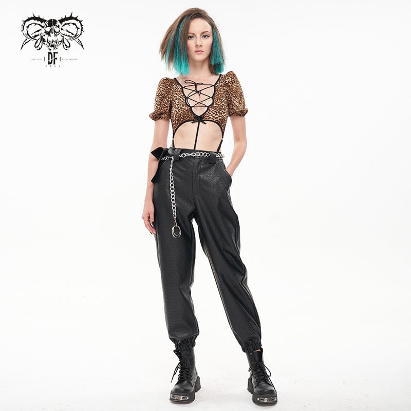 DEVIL FASHION Women's Punk Faux Leather Ankle Banded Pants With Metal Chain