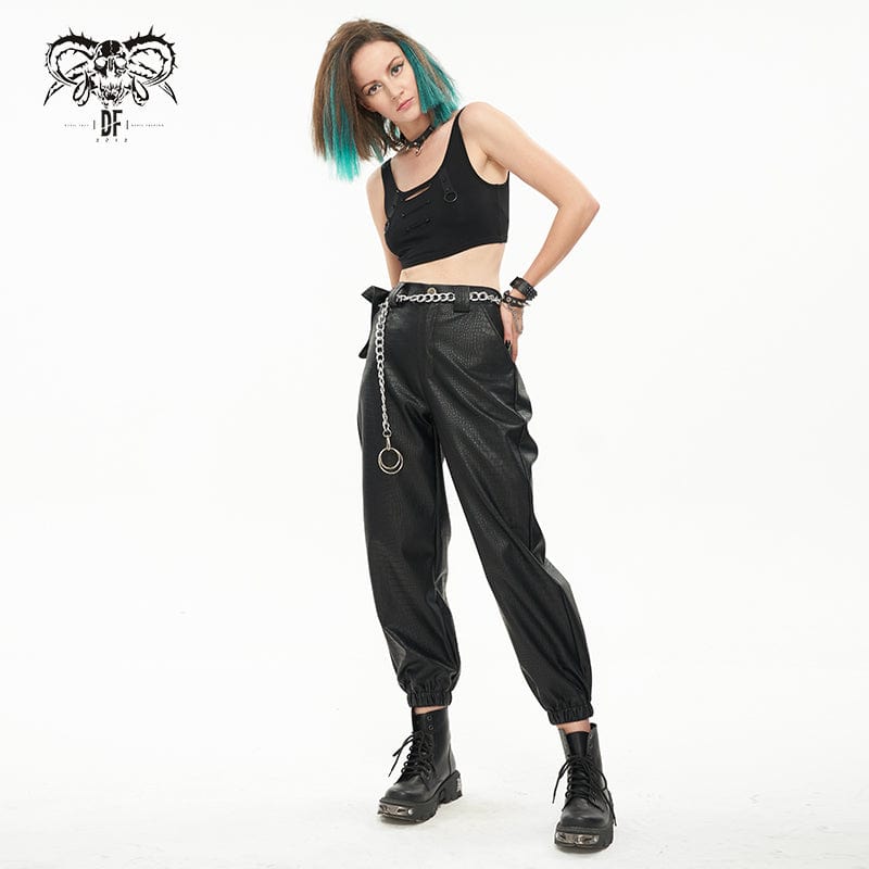 DEVIL FASHION Women's Punk Faux Leather Ankle Banded Pants With Metal Chain