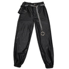DEVIL FASHION Women's Punk Faux Leather Ankle Banded Pants With Metal Chain