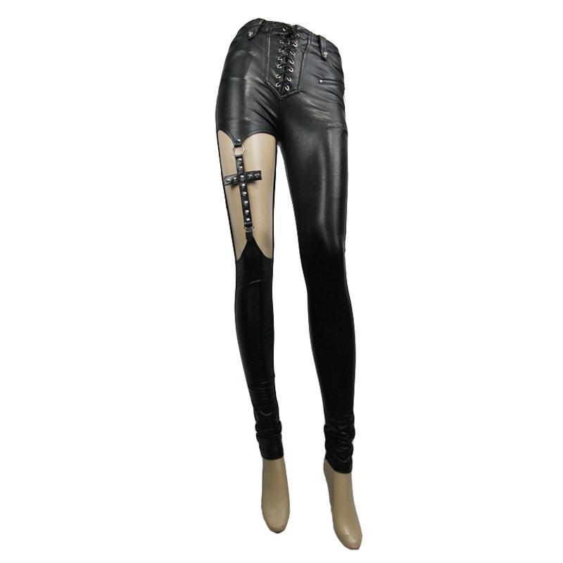 Women's Punk Faux Leather Leggings With lacing Fly and Studded Cross