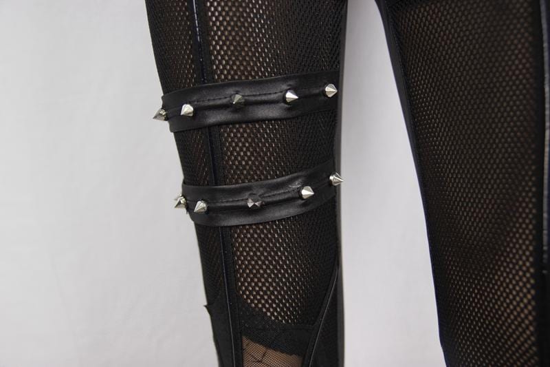DEVIL FASHION Women's Punk Faux Leather Net & Strap Leggings