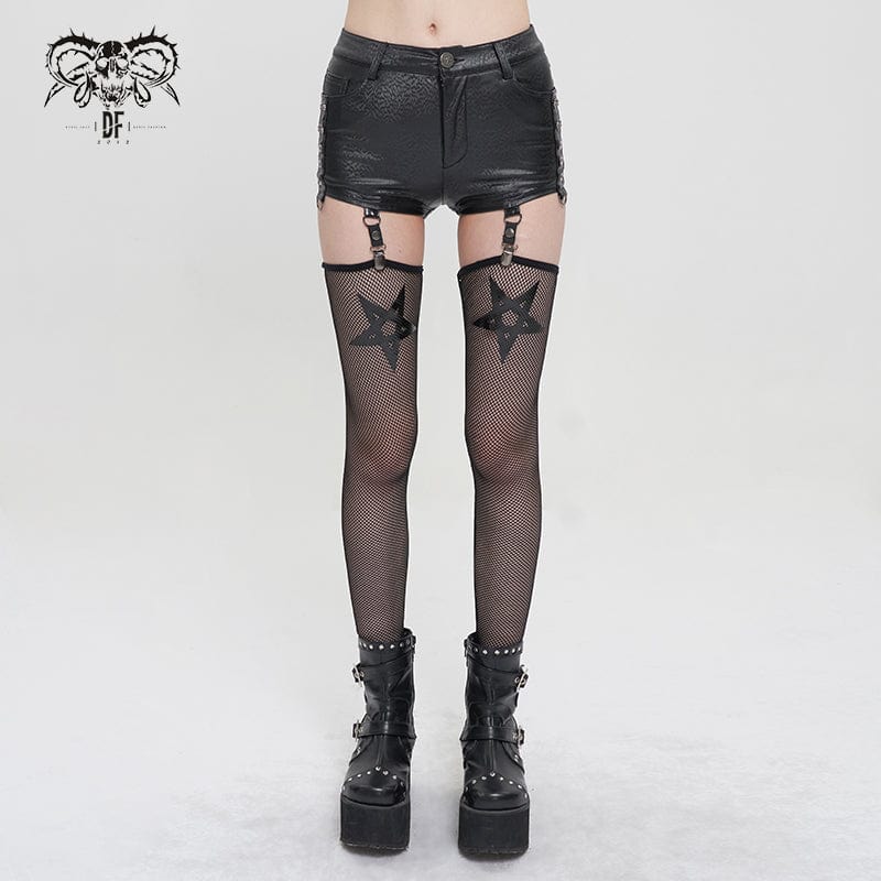 DEVIL FASHION Women's Punk Faux Leather Shorts with Mesh Leg Sleeves