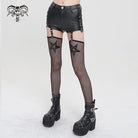 DEVIL FASHION Women's Punk Faux Leather Shorts with Mesh Leg Sleeves