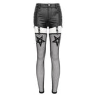 DEVIL FASHION Women's Punk Faux Leather Shorts with Mesh Leg Sleeves