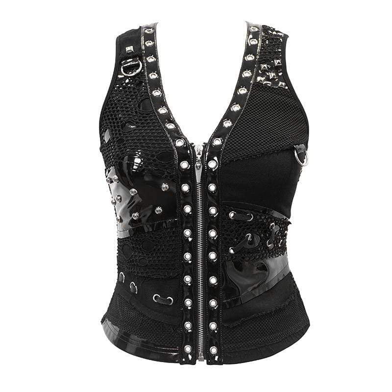 Women's Punk Faux Leather Splicing Mesh Vests With Rivets
