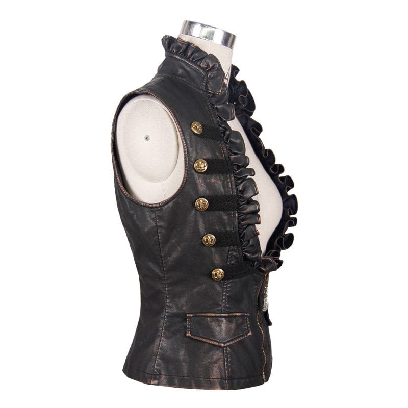 DEVIL FASHION Women's Punk Faux Leather Waistcoat With Leather Frills