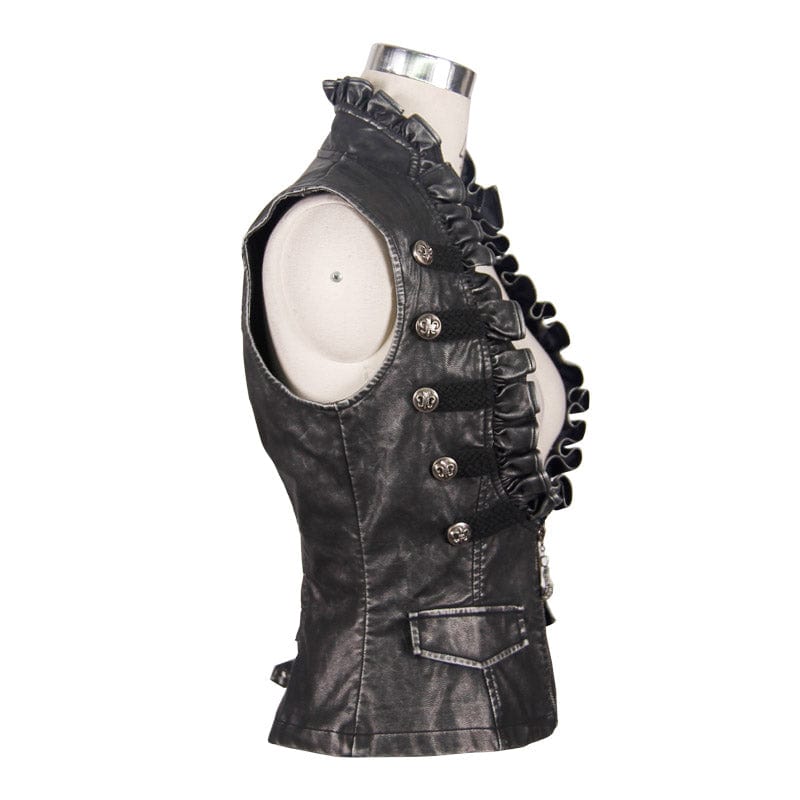 DEVIL FASHION Women's Punk Faux Leather Waistcoat With Leather Frills