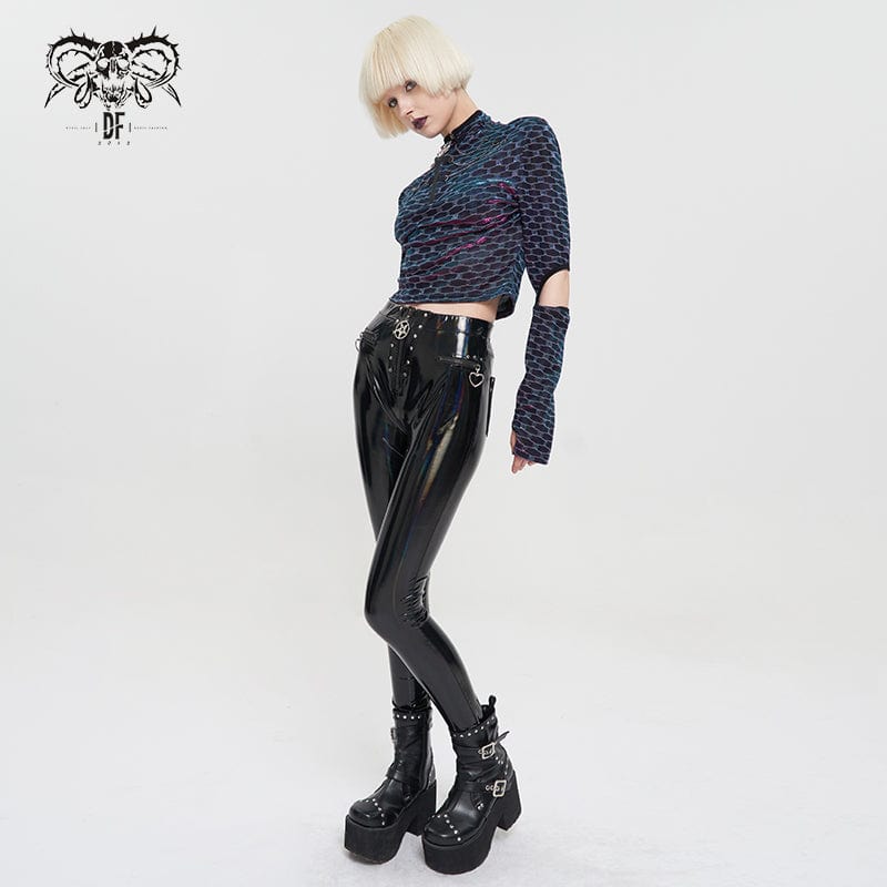 DEVIL FASHION Women's Punk Faux Patent Leather Star Zipper Leggings