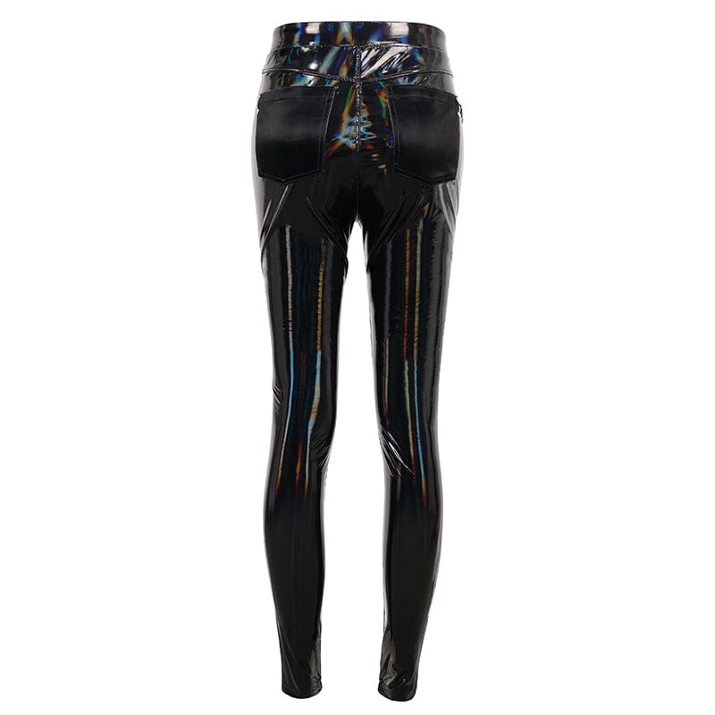 DEVIL FASHION Women's Punk Faux Patent Leather Star Zipper Leggings