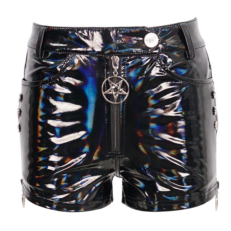 DEVIL FASHION Women's Punk Faux Patent Leather Star Zipper Shorts