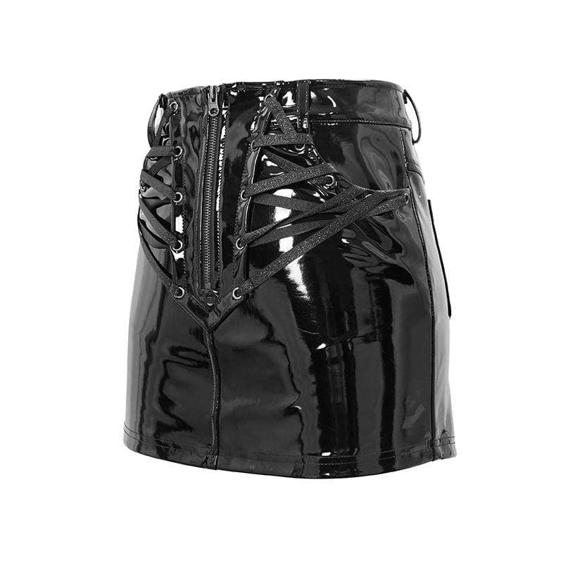 Women's Punk Front-zip Lace-up Faux Leather Skirts