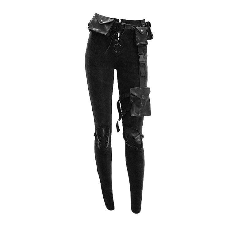 Women's Punk High-waisted Lacing Skinny Pants With Waist Bag